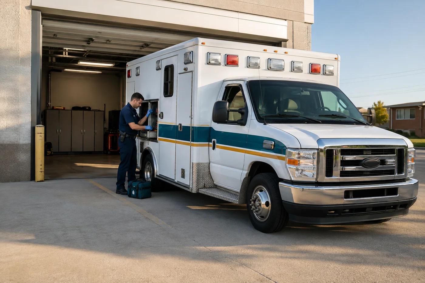 A paramedic checks equipment beside an ambulance parked at an EMS station in morning light.