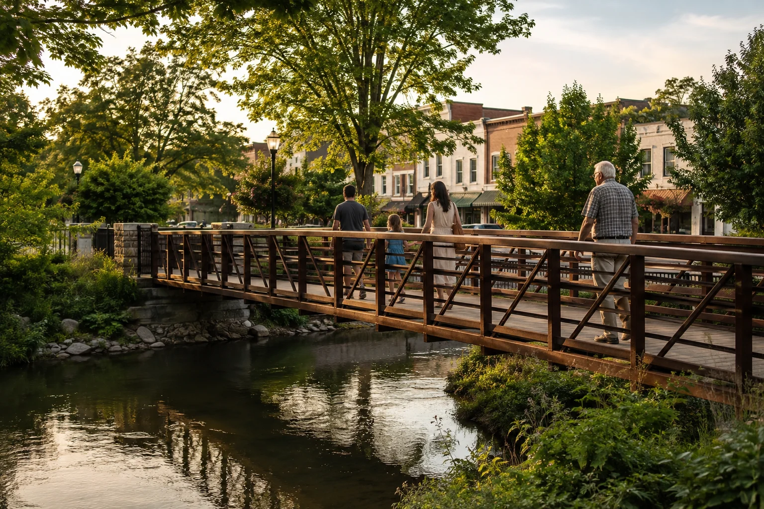 A family and an older resident cross a pedestrian bridge beside a small-town main street in warm evening light.