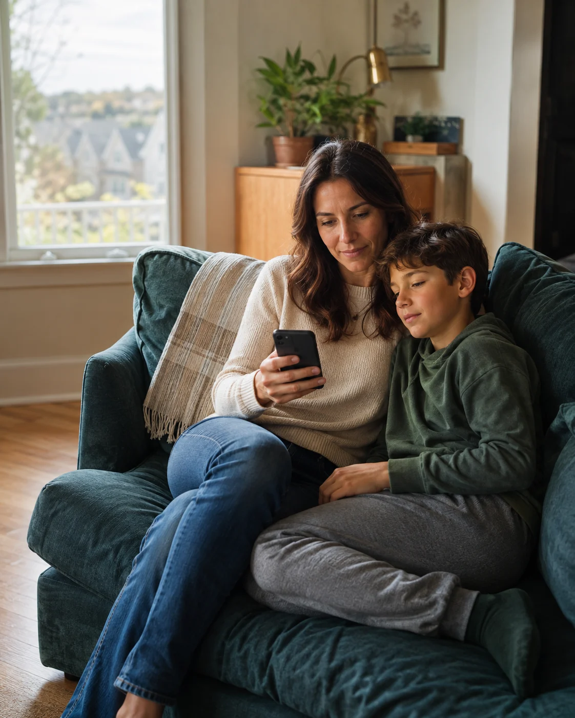 A mother and son relax together on a teal sofa while she checks her phone